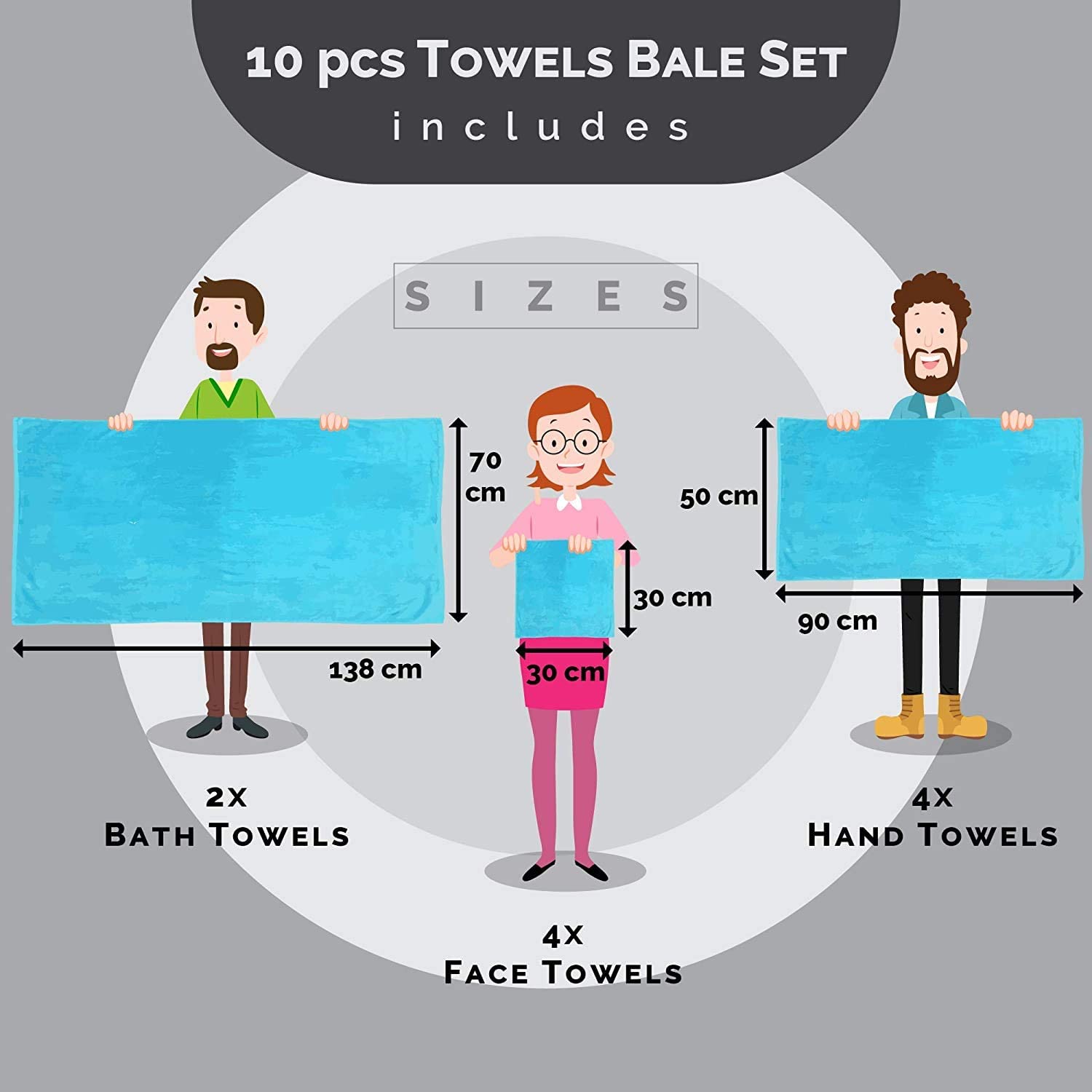 10pcs towel size comparison